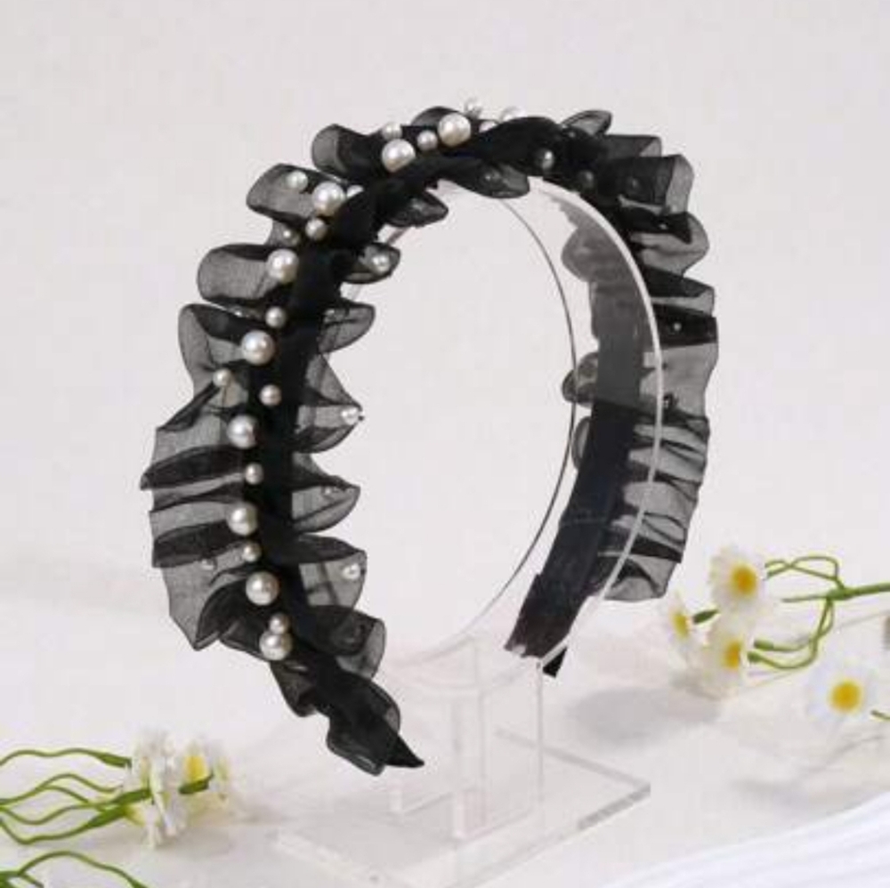 Elegant Black Ruffled Headband with Pearls